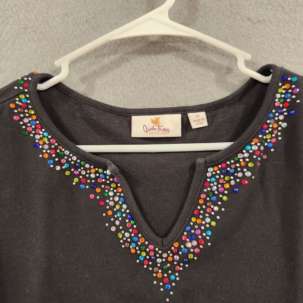 Quacker Factory‎ Womens Top Tunic 1X 3/4 Sleeve Black Festive Embellished V-neck